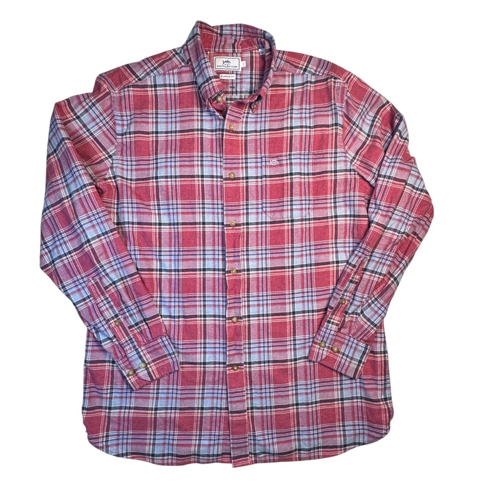 Southern Tide Mens Classic Fit Plaid Flannel Shirt Red Blue L Long Sleeve Cotton